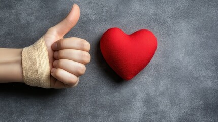 Fototapeta premium close up of blood donor arm with bandage and red heart with thumbs up gesture on grey background, blood donation concept with copy space