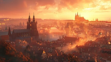 Fototapeta premium Magical Cityscape of Medieval Prague at Dramatic Sunset Breathtaking view of the historic city with its gothic architecture iconic spires and reflection in the river under a moody atmospheric sky