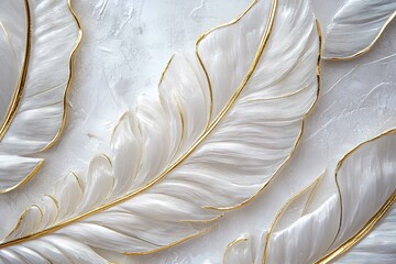 White and gold wire feather wall decoration, white background, simple design, white feathers, simple lines, golden outline, golden color, white feather pattern