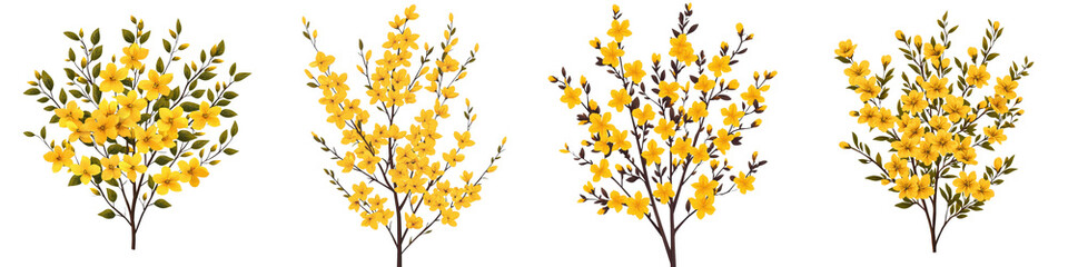 Obraz premium Vibrant yellow forsythia bush with lush blooming flowers in a spring landscape The cheerful and sunny floral display showcases the beauty of the natural environment