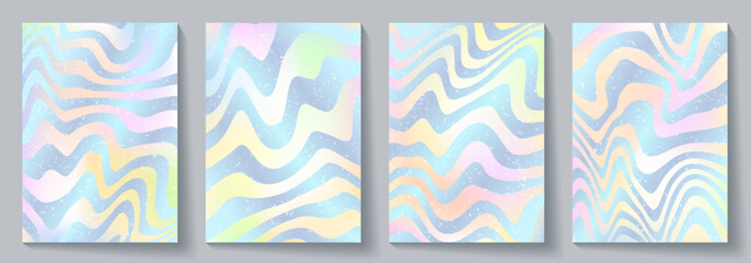 Vector set of groovy hippie backgrounds with waves and swirl pattern. Distorted pastel color vector texture in trendy retro psychedelic style. Wavy design in a retro 1970s hippie style.