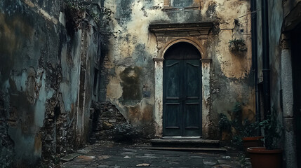 A crumbling house perched precariously in a forgotten corner of an old city alley, its door ajar and revealing utter darkness.