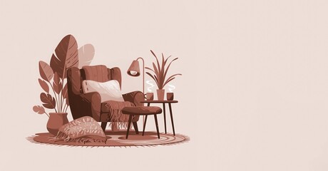 Mocha mousse color. cozy minimalist living room interior illustration in pink and brown tones. Modern armchair, houseplants, and decorative elements create  stylish Scandinavian atmosphere. cartoon 