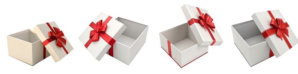 Four open white gift boxes with red ribbons, festive presents isolated on transparent background.