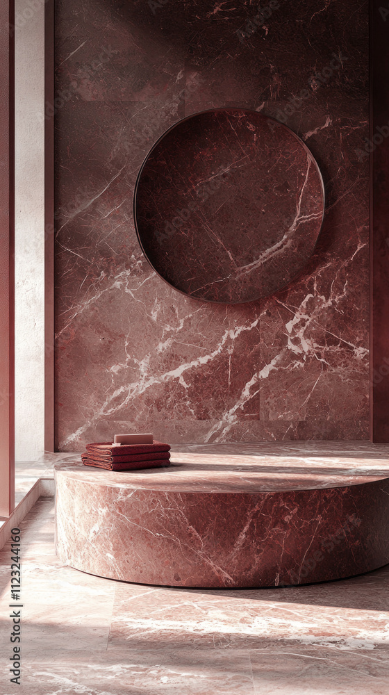 Poster Smooth mocha mousse colors envelop the space, creating a serene atmosphere with a sleek circular feature and minimalistic decor