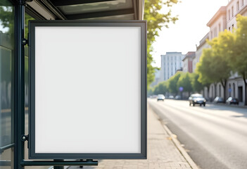 Fototapeta premium blank white billboard stands at bus stop on sunny street, surrounded by trees and buildings. This empty space invites creativity and advertising opportunities