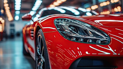 This beautiful red car paint is coated with ceramic coating in a car wash or detailing studio