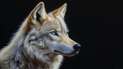 Fototapeta premium A portrait of a wolf with blue eyes and black background. wolf wallpaper. Ultra realistic. Photorealistic hypermaximalist hyper realistic fine detail
