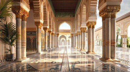 Fototapeta premium Ornate and Elaborate Marble Hall with Arched Columns Decorative Patterns and Reflecting Pool in the Interior of an Opulent and Majestic Palace