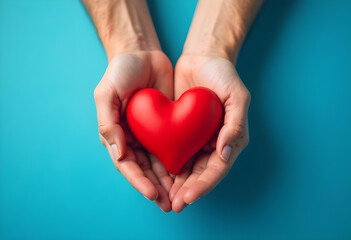 Obraz premium pair of hands gently cradles vibrant red heart against blue background, symbolizing love and care. This evokes warmth and affection, perfect for expressing heartfelt emotions