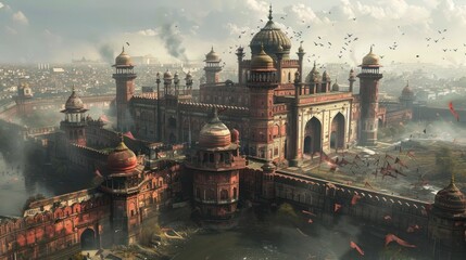 Fototapeta premium Majestic Architectural Fantasy of Ornate Domes Minarets and Spires in a Mythical Cityscape An Intricate and Captivating Digital of an Imaginary Fantastical City Landscape with Breathtaking