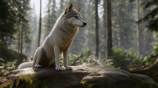 A tamaskan dog is positioned on a rock in a forest. wolf wallpaper. Ultra realistic. Photorealistic hypermaximalist hyper realistic fine detail