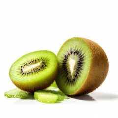 Fototapeta premium A juicy slice of kiwi with a bright green interior and tiny black seeds, surrounded by a pool of refreshing juice.