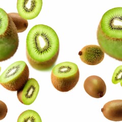 Fototapeta premium A juicy slice of kiwi with a bright green interior and tiny black seeds, surrounded by a pool of refreshing juice.