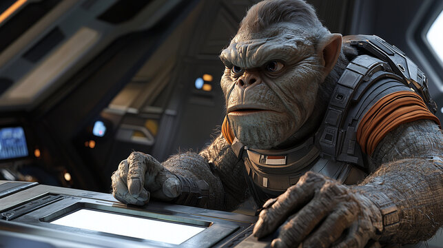 A futuristic scene of an intelligent gorilla operating a high-tech interface aboard a spaceship, evoking themes of sci-fi and technology