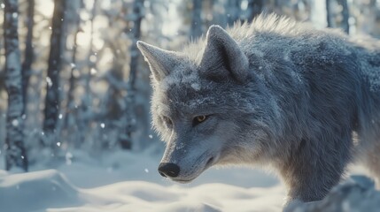 Naklejka premium Closeup of a grey wolf in a forest covered in the snow in belarus. wolf wallpaper. Ultra realistic. Photorealistic hypermaximalist hyper realistic fine detail