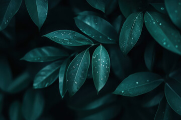 Fototapeta premium A close-up view of dark green leaves with droplets, creating a serene, natural ambiance.