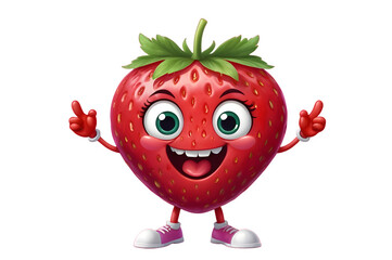 A cartoon strawberry character stands with arms wide open, featuring large round eyes, sharp teeth, and a wide smile. It has a green leaf and purple flower on top, set against a pink background.