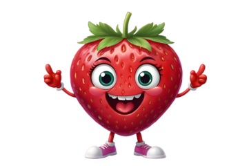 A cartoon strawberry character stands with arms wide open, featuring large round eyes, sharp teeth, and a wide smile. It has a green leaf and purple flower on top, set against a pink background.