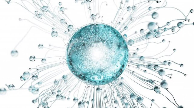Blue cosmetic serum with liquid bubbles in a 3D abstract background. Hydrating essence gel enriched with collagen molecules. Moisturizing cream or oil for advanced skincare, beauty, and skin health.