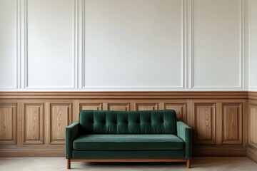 Fototapeta premium A minimalist interior featuring a green sofa against a wooden wall.