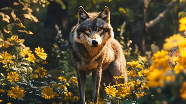Lobo cinzento no jardim florido - papel de parede. wolf wallpaper. Ultra realistic. Photorealistic hypermaximalist hyper realistic fine detail