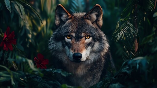 Lobo cinzento no jardim florido - papel de parede. wolf wallpaper. Ultra realistic. Photorealistic hypermaximalist hyper realistic fine detail