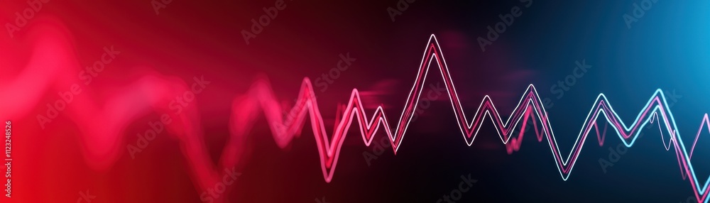 Poster A vibrant illustration of a waveform displaying fluctuations in sound or data, blending red and blue hues against a dark background.