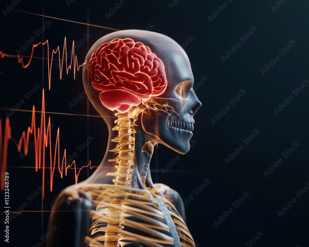 Poster A detailed illustration of a human skeleton with a highlighted brain, showing neural activity and anatomical features against a dark background.