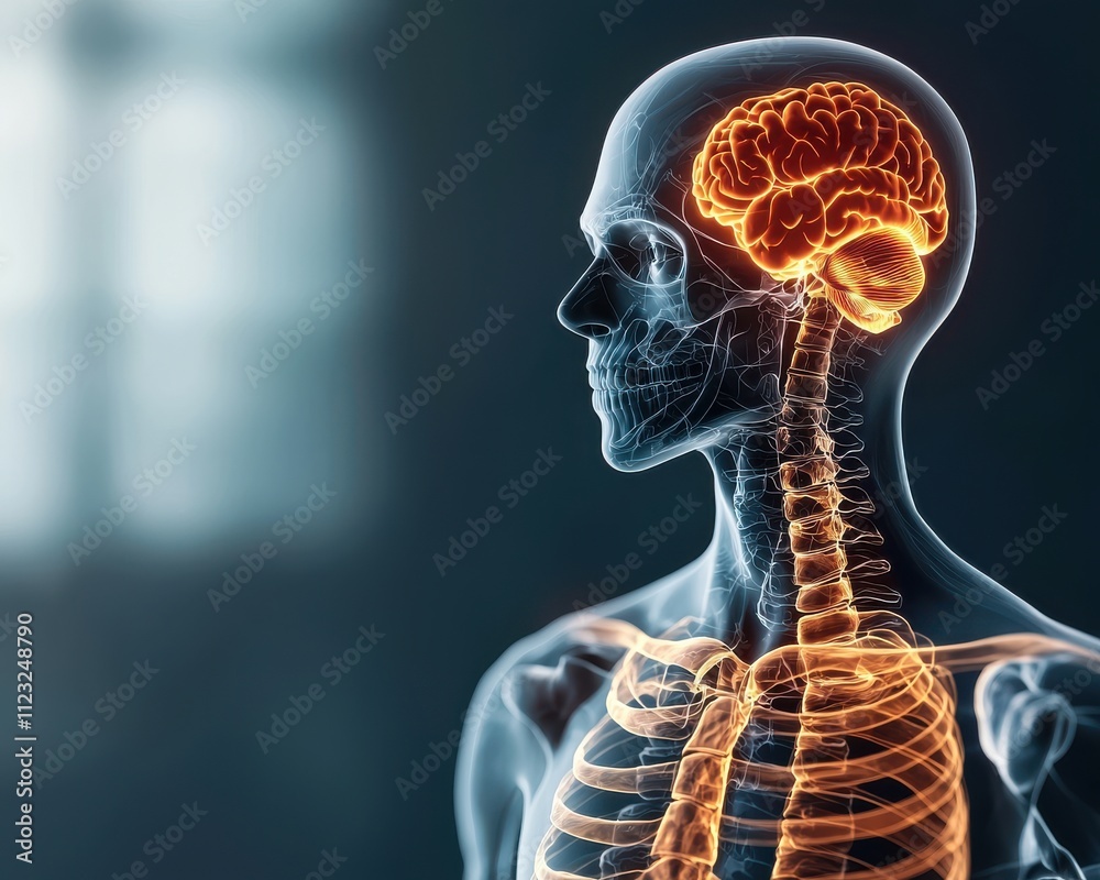 Poster a digital illustration of a human skeleton with a highlighted brain, showcasing the connections betw