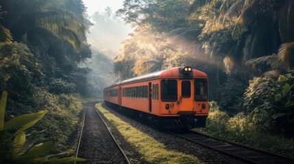 Obraz premium Vibrant Orange Train Steaming Through Lush Tropical Forest with Sunlight Filtering Through Dense Canopy and Shadows Dancing on Railway Tracks