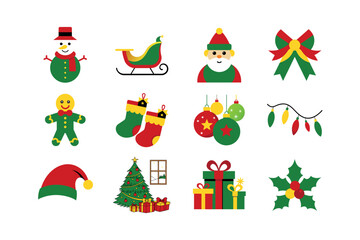 Colorful Christmas and Holiday Icons Set &ndash; Ornaments, Trees, Gifts, Santa Claus, Candy canes, Snowman, Bells and More