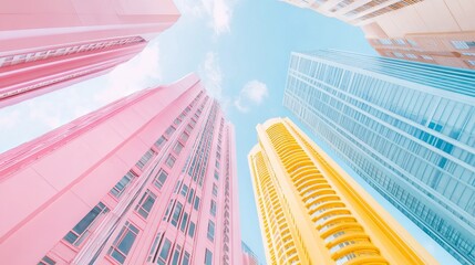 Skyscrapers in pastel pink, yellow and blue colors