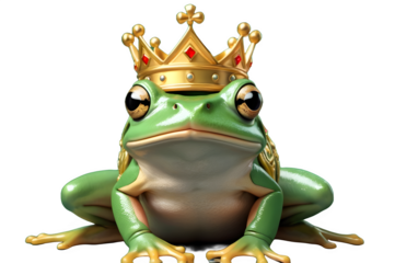 A green frog with a golden crown sits on a solid green background, facing right. With its round body, large eyes, and detailed crown, it exudes charm and royal authority.