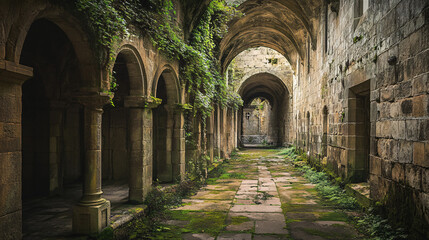 Fototapeta premium A crumbling monastery, where faint chants echo through empty corridors. Vines and moss cover the stone walls.
