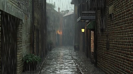 Fototapeta premium View of cyberpunk city alley in the rain. anime background. anime wallpaper. Ultra realistic. Photorealistic