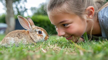Caucasian happy girl playing together with rabbit pet on grass outside