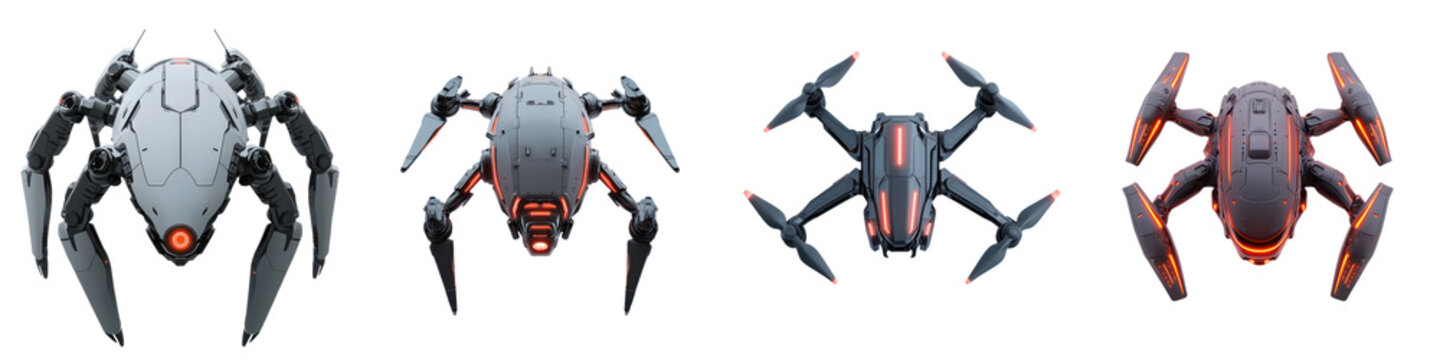 Futuristic sci fi drone concepts with unique alien inspired designs showcasing advanced military technology and equipment for tactical attack and combat scenarios