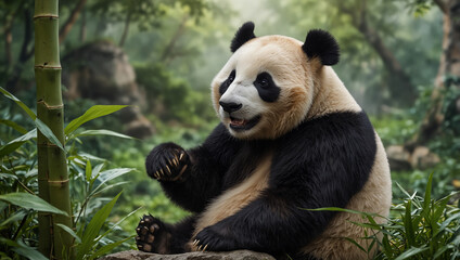 Obraz premium A panda bear peacefully sits on a rock surrounded by lush greenery in a serene forest setting.