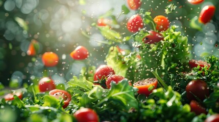 Obraz premium Close up image of a lush verdant garden filled with a variety of healthy organically grown vegetables and produce including vibrant red tomatoes and peppers