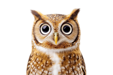 A close-up portrait of a curious owl with large expressive eyes and intricate feathers. transparent background.