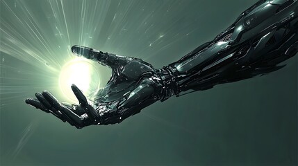 A sleek robotic hand grasping a radiant orb of energy, symbolizing advanced technology, power, and futuristic innovation on a dark background.