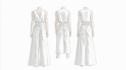 Fashion technical drawing of a stylish 2-piece set featuring wide-leg palazzo trousers with front pockets and a sleeveless vest
