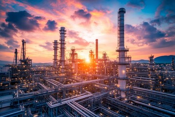 Obraz premium Sunset over industrial complex reveals sprawling network of pipes and towering smokestacks