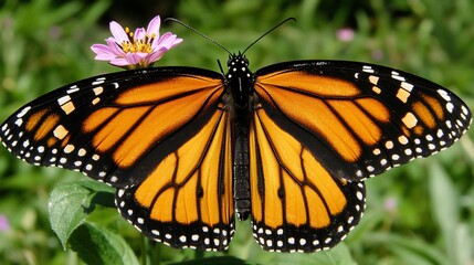 Naklejka premium Monarch butterfly on a pink flower.
