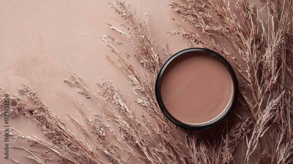 Poster a stylish sample of mocha mousse rests on a subtle, earthy surface adorned with wisps of dried grass