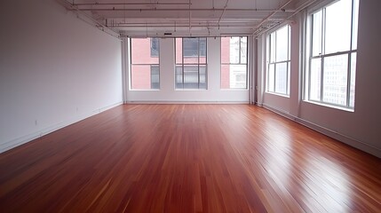 An empty, spacious loft featuring polished hardwood floors, high ceilings with exposed piping, and large windows overlooking an urban cityscape.