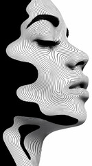 Minimalist poster depicting brightly colored fashion clothes worn by woman resembling the silhouette of sound waves, in the style of black and white op-art.