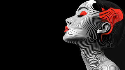 Minimalist poster depicting brightly colored fashion clothes worn by woman resembling the silhouette of sound waves, in the style of black and white op-art.