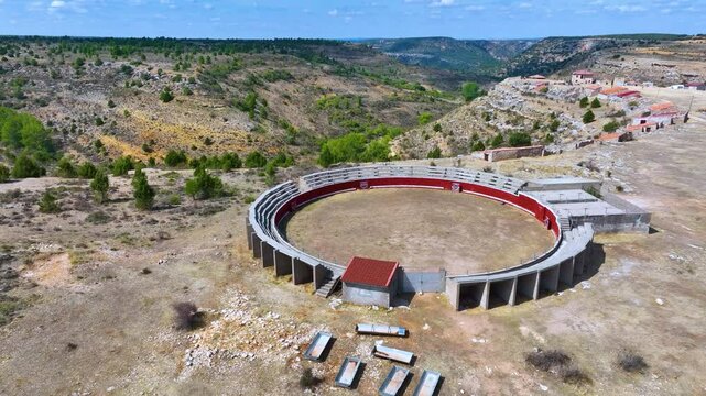 Aerial view from a drone of the bullring of Zaorejas. Molina Alto Tajo Geopark. Alto Tajo Natural Park. Guadalajara Province. Castilla la Mancha. Spain. Europe. Rewilding Europe